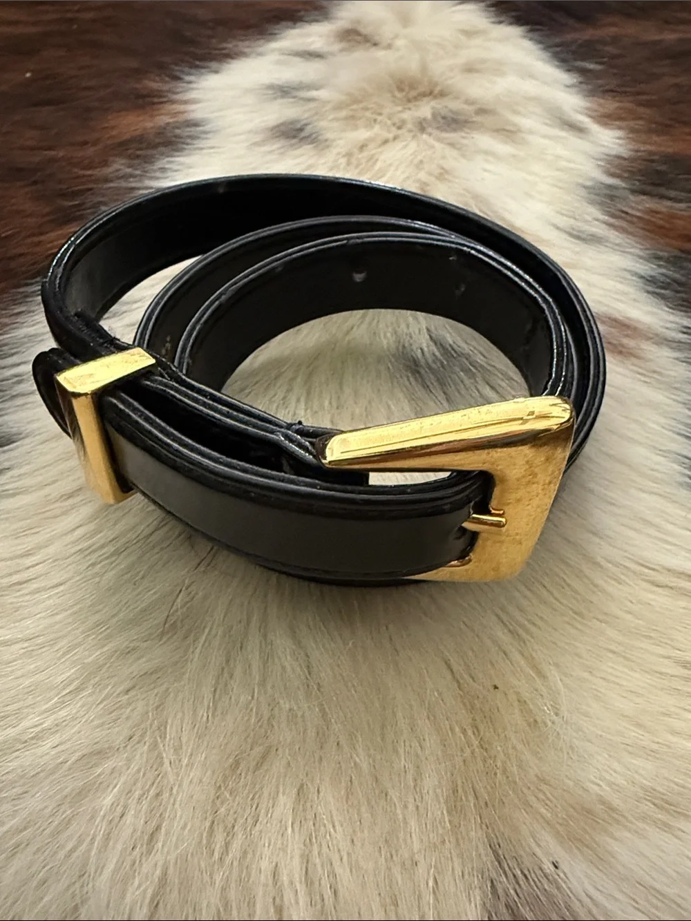 St. John Black Patent Leather Belt with Gold Buckle